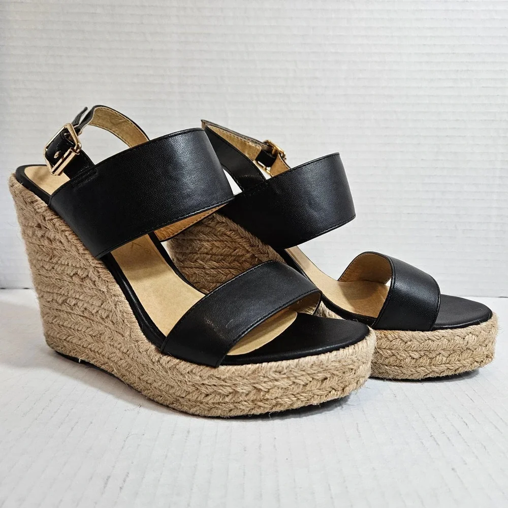 Allegra K Black Strappy Platform Jute Wedge Espadrille Sandals‎ Size 6.5